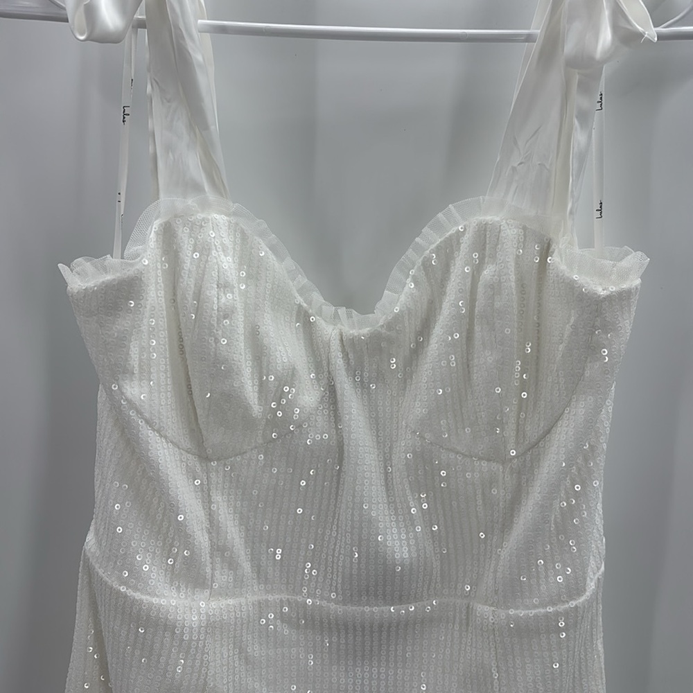 Lulus Glowing Intentions White SEQUIN Bustier Tie-Strap Mini Dress size M NWT - Picture 7 of 16